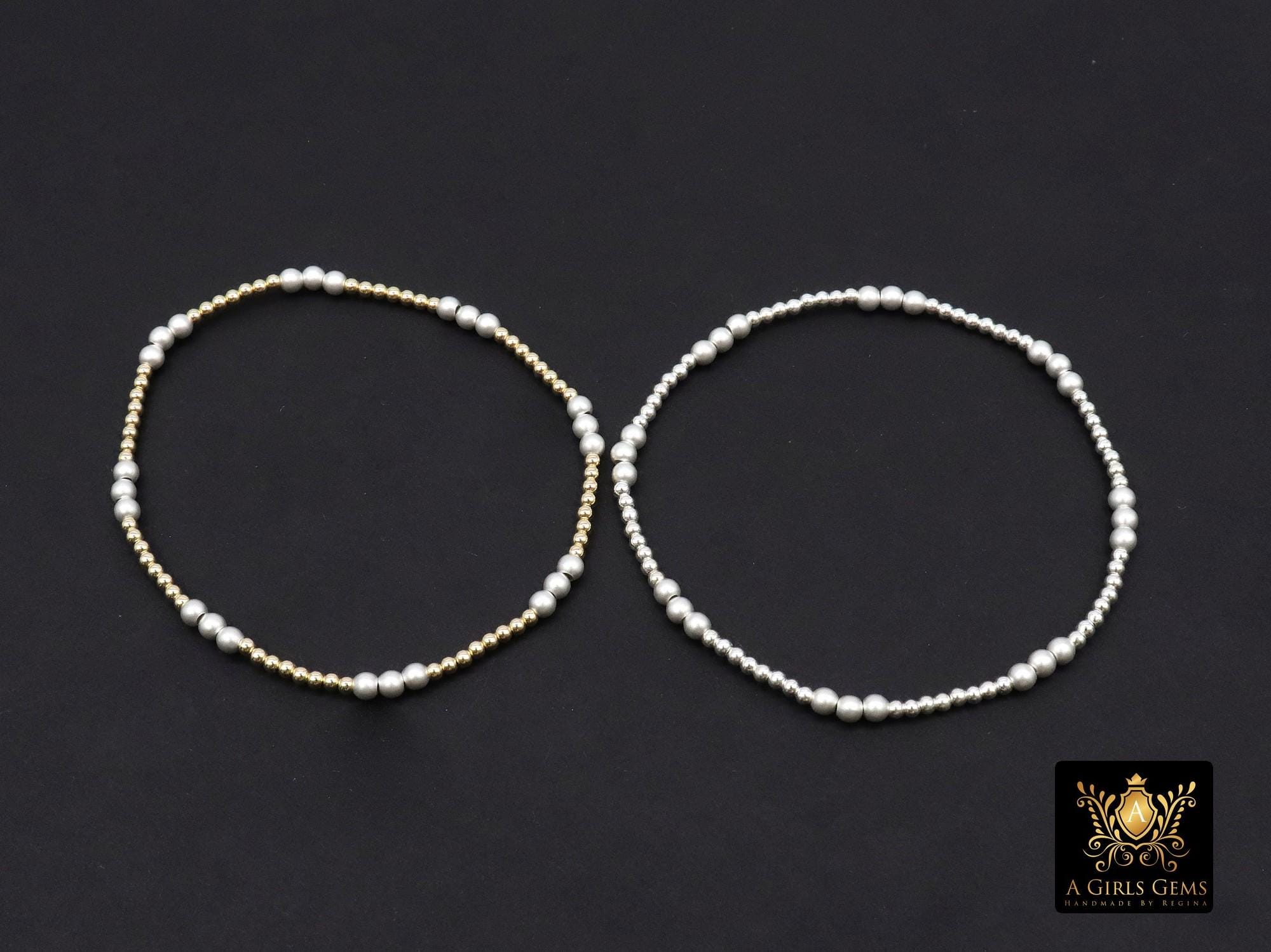 Mixed Metal Beaded Bracelet, 925 Sterling Silver and 14 K Gold Filled Sparkle Stardust Stretchy Women's Bangle, Stacking Bracelets, Handmade