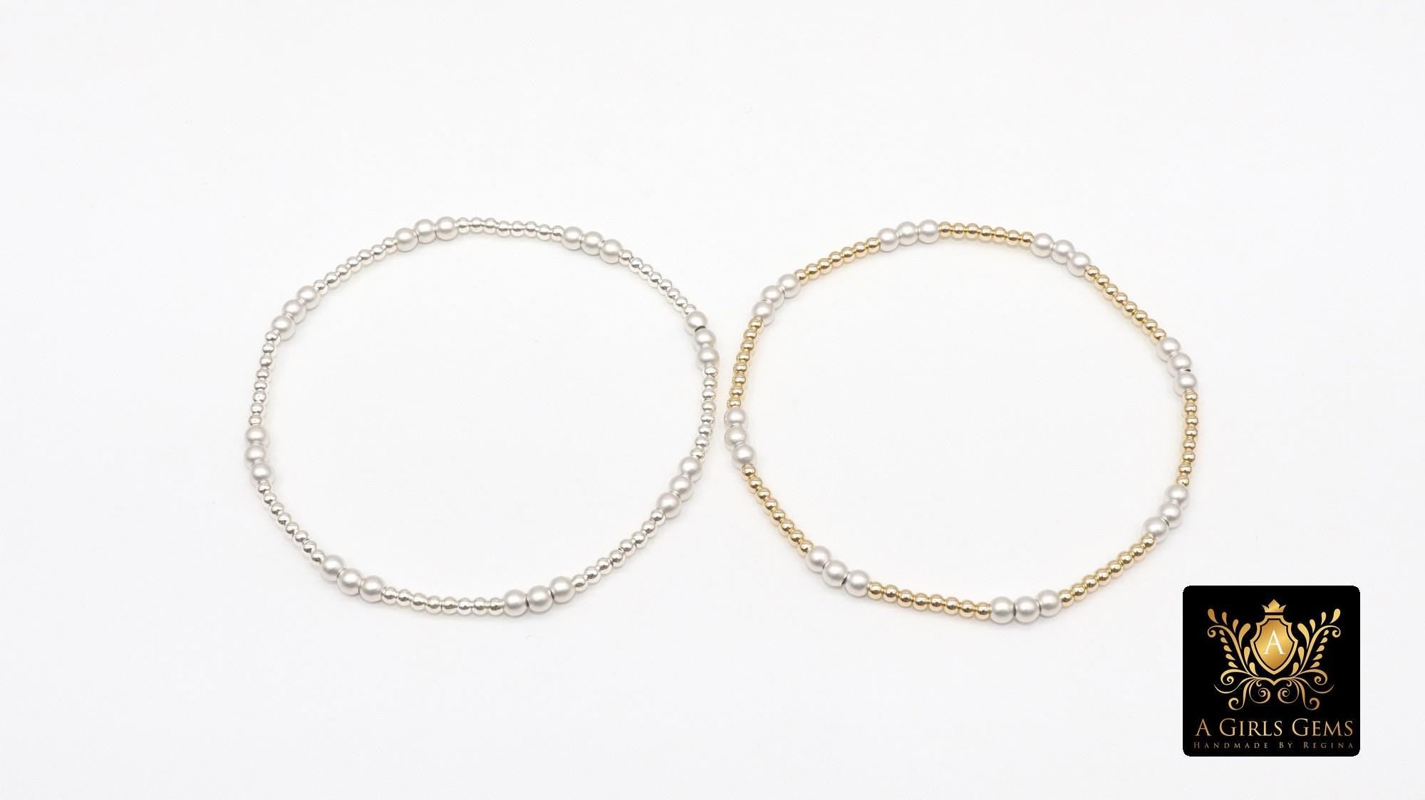 Mixed Metal Beaded Bracelet, 925 Sterling Silver and 14 K Gold Filled Sparkle Stardust Stretchy Women's Bangle, Stacking Bracelets