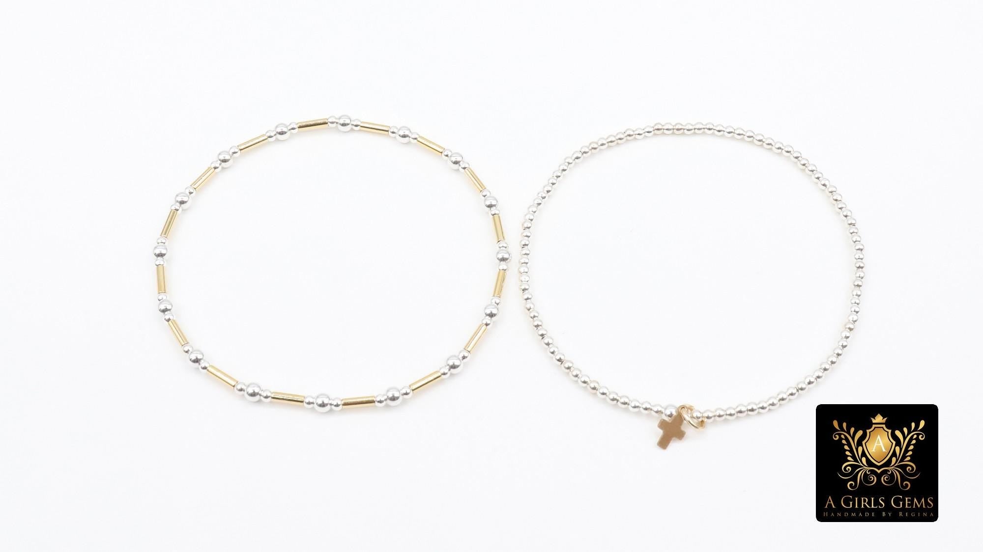Mixed Metal Beaded Bar Bracelet, 925 Sterling Silver and 14 K Gold Filled Stretchy Cross Charms Stacking Bracelets, Handmade Bracelet