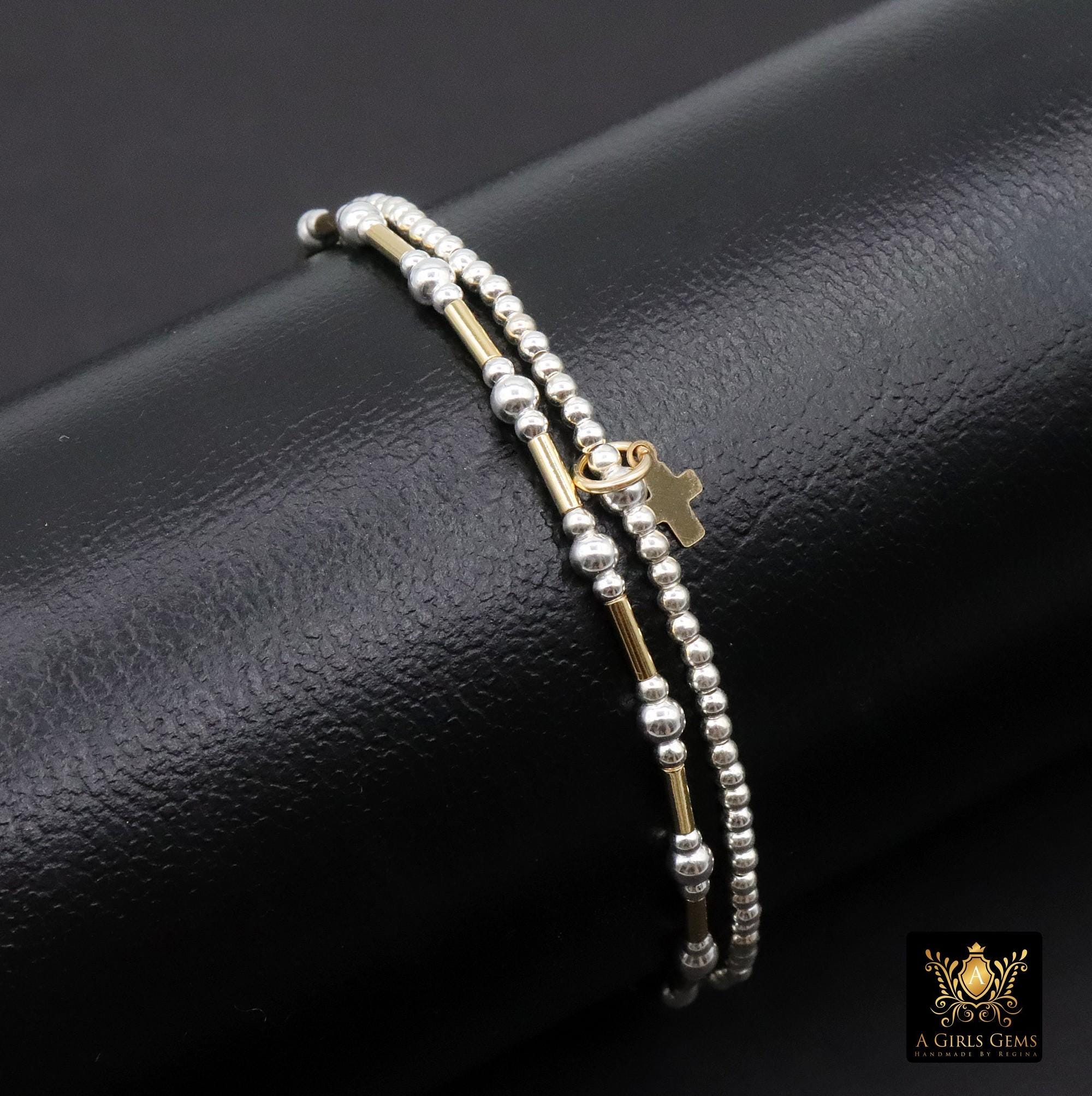 Mixed Metal Beaded Bar Bracelet, 925 Sterling Silver and 14 K Gold Filled Stretchy Cross Charms Stacking Bracelets, Handmade Bracelet