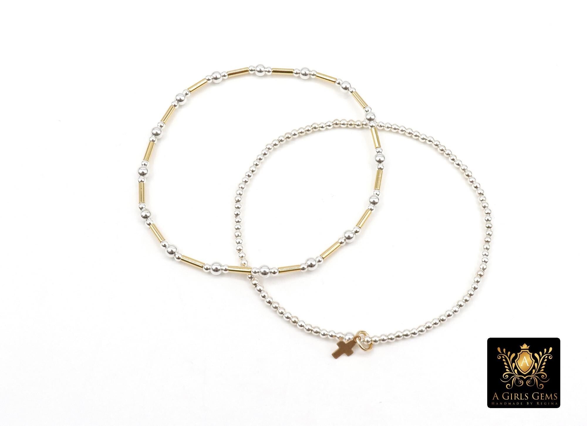 Mixed Metal Beaded Bar Bracelet, 925 Sterling Silver and  14 K Gold Filled Stretchy Charms Stacking Bracelets, Handmade Cross Bracelet