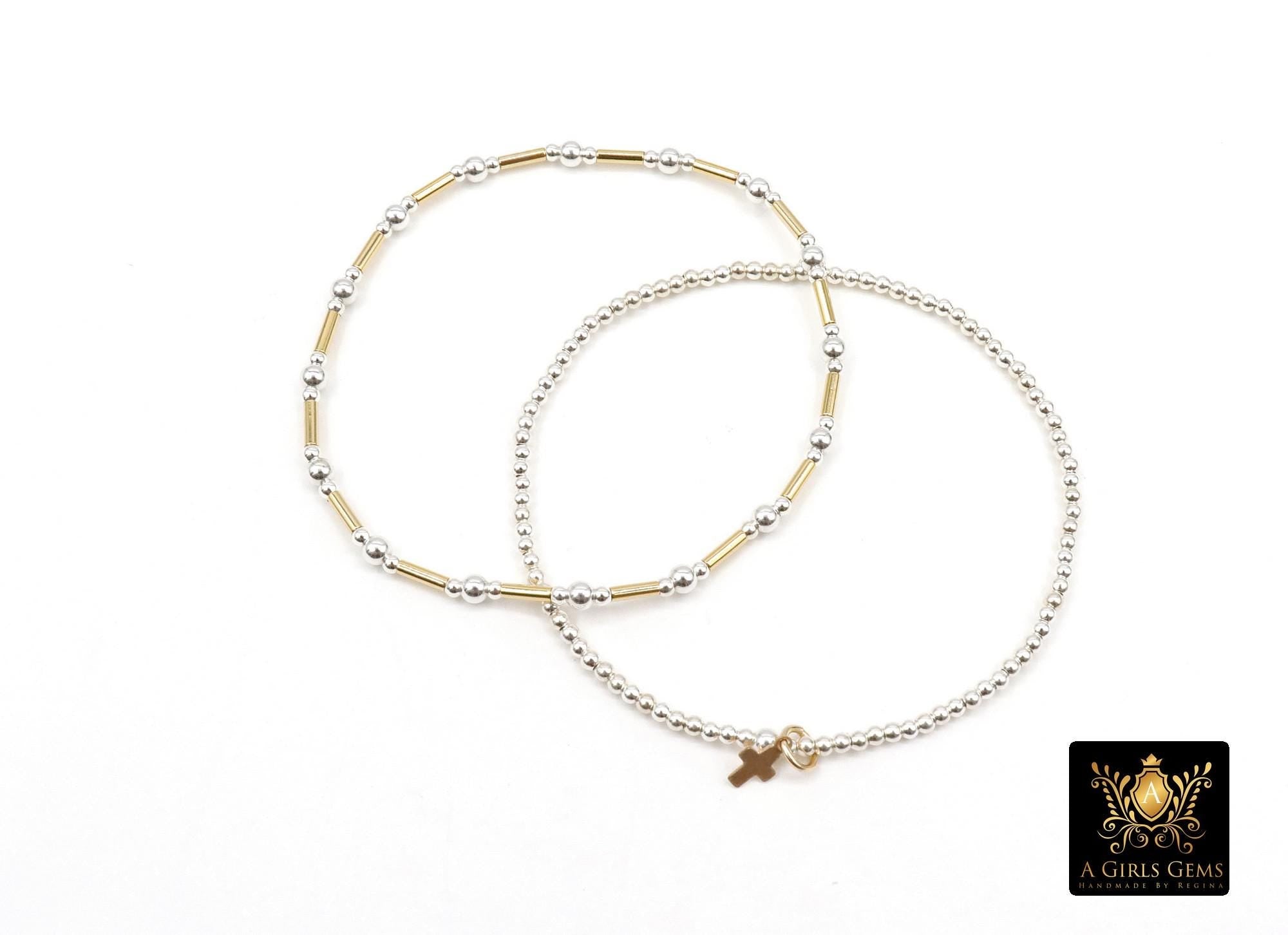 Mixed Metal Beaded Bar Bracelet, 925 Sterling Silver and  14 K Gold Filled Stretchy Charms Stacking Bracelets, Handmade Cross Bracelet