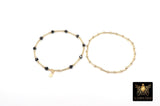 14 K Gold Filled Beaded Black Onxy Stretchy Bracelet, Dainty Tube Bar Charm Stacking, Handmade Waterproof Gold Black Semi Precious Gemstone