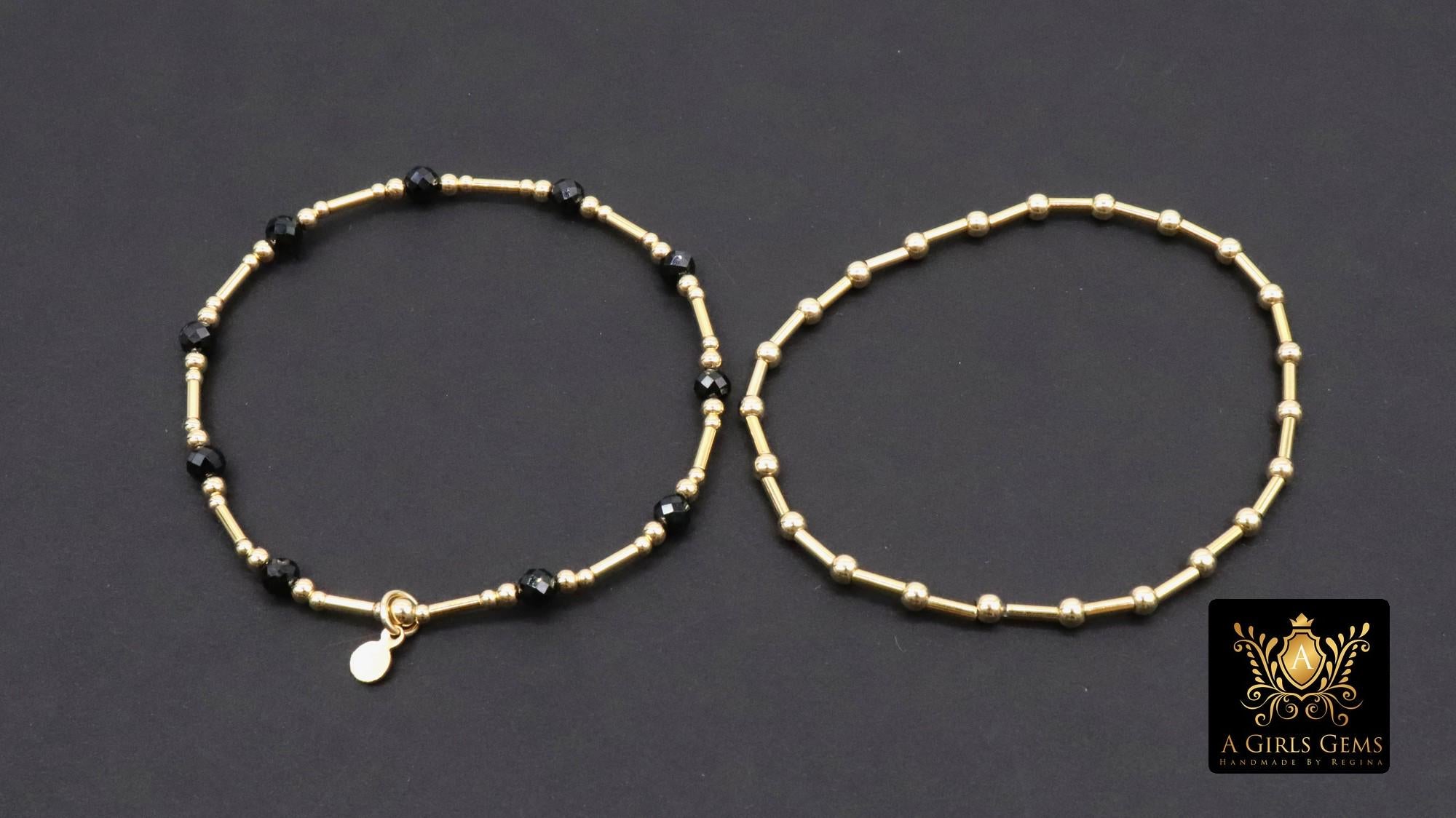 14K Gold Filled Beaded Black Onxy Stretchy Bracelet, Dainty Tube Bar Charm Stacking, Handmade Gold And Black Semi Precious Gemstone Bracelet