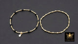 14 K Gold Filled Beaded Black Onxy Stretchy Bracelet, Dainty Tube Bar Charm Stacking, Handmade Gold Black Semi Precious Gemstone Bracelet