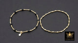 14 K Gold Filled Beaded Black Onxy Stretchy Bracelet, Dainty Tube Bar Charm Stacking, Handmade Waterproof Gold Black Semi Precious Gemstone