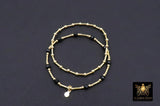 14 K Gold Filled Beaded Black Onxy Stretchy Bracelet, Dainty Tube Bar Charm Stacking, Handmade Waterproof Gold Black Semi Precious Gemstone