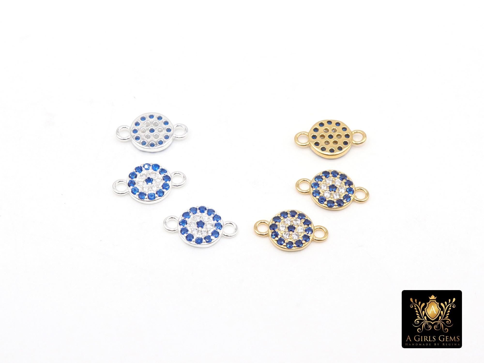 14 K Gold Filled Evil Eye Connectors, 925 Sterling Silver 6 mm CZ Micro Pave Sapphire Blue Links # 3889, Tiny Round Minimalist 2 Hole Links