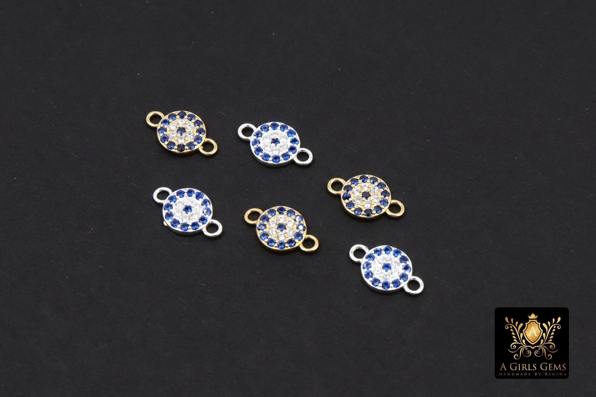 14 K Gold Filled Evil Eye Connectors, 925 Sterling Silver 6 mm CZ Micro Pave Sapphire Blue Links # 3889, Tiny Round Minimalist 2 Hole Links