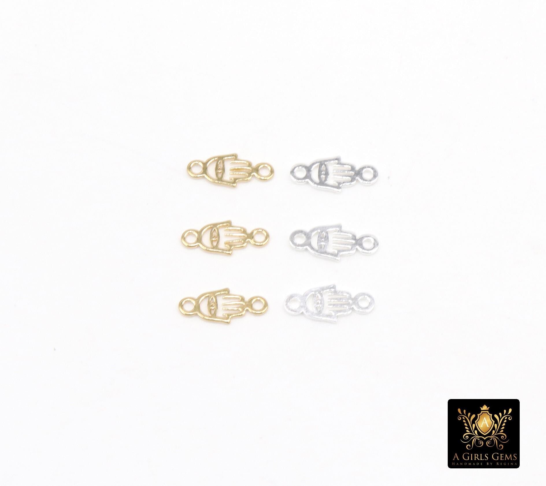14 K Gold Filled Hamsa Connectors, 925 Sterling Silver Evil Eye Links # 3999, 3.6 x 8.3 mm Tiny Palm Hand Shaped Hand Fatima, 2 Hole Links