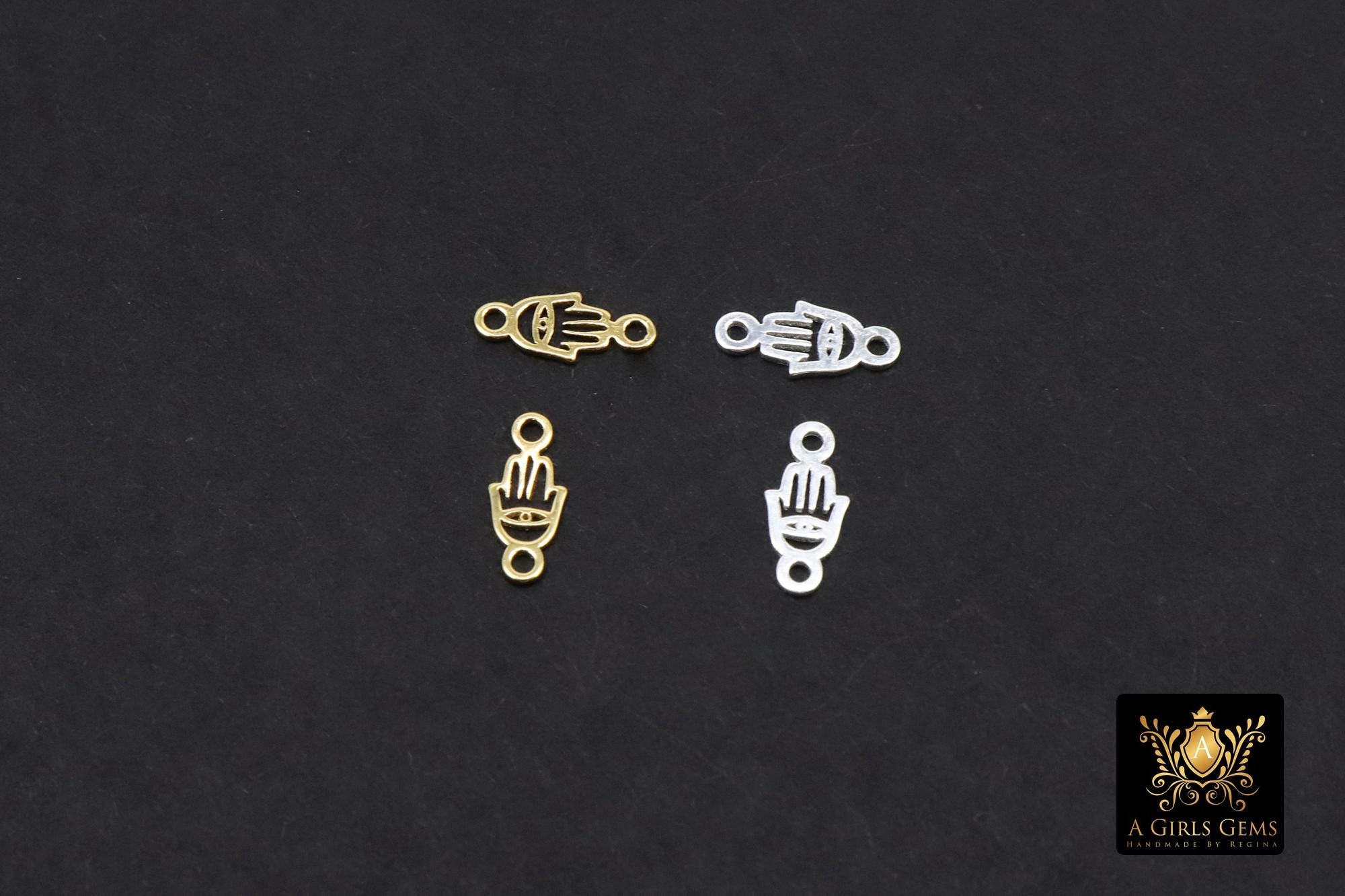 14 K Gold Filled Hamsa Connectors, 925 Sterling Silver Evil Eye Links # 3999, 3.6 x 8.3 mm Tiny Palm Hand Shaped Hand Fatima, 2 Hole Links