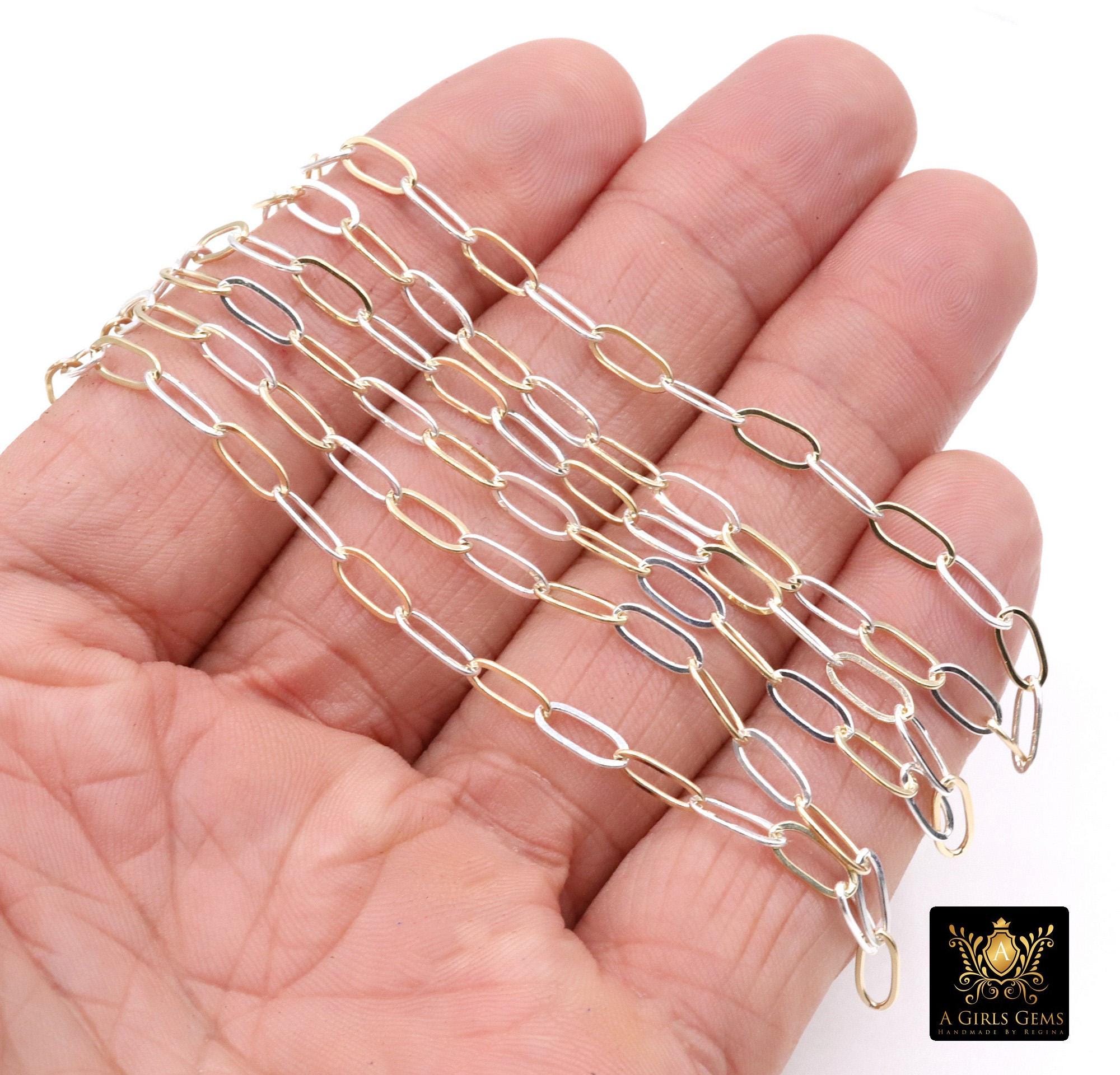 14 K Gold Filled Mixed Metal Paperclip Chain, 8.5 mm Rectangle Drawn, 925 Sterling Silver Oval Chains, Gold and Silver Mixed Chains