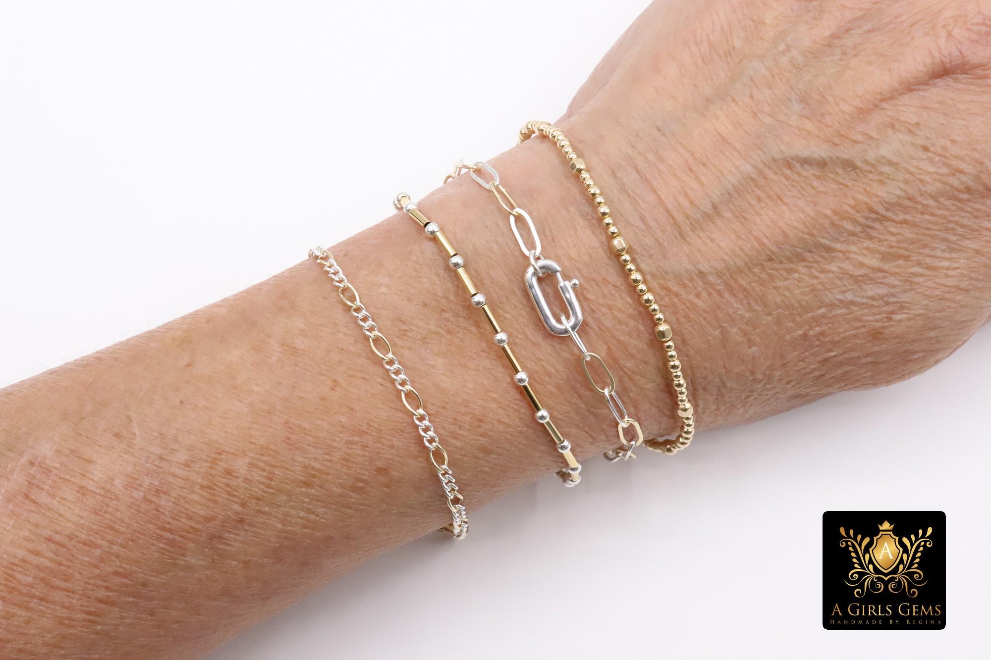 14 K Gold Filled Figaro Chain Link Fob Necklace, 925 Sterling Silver Mixed Metal Gold Dainty Chain Link Choker, Waterproof Charm Necklace