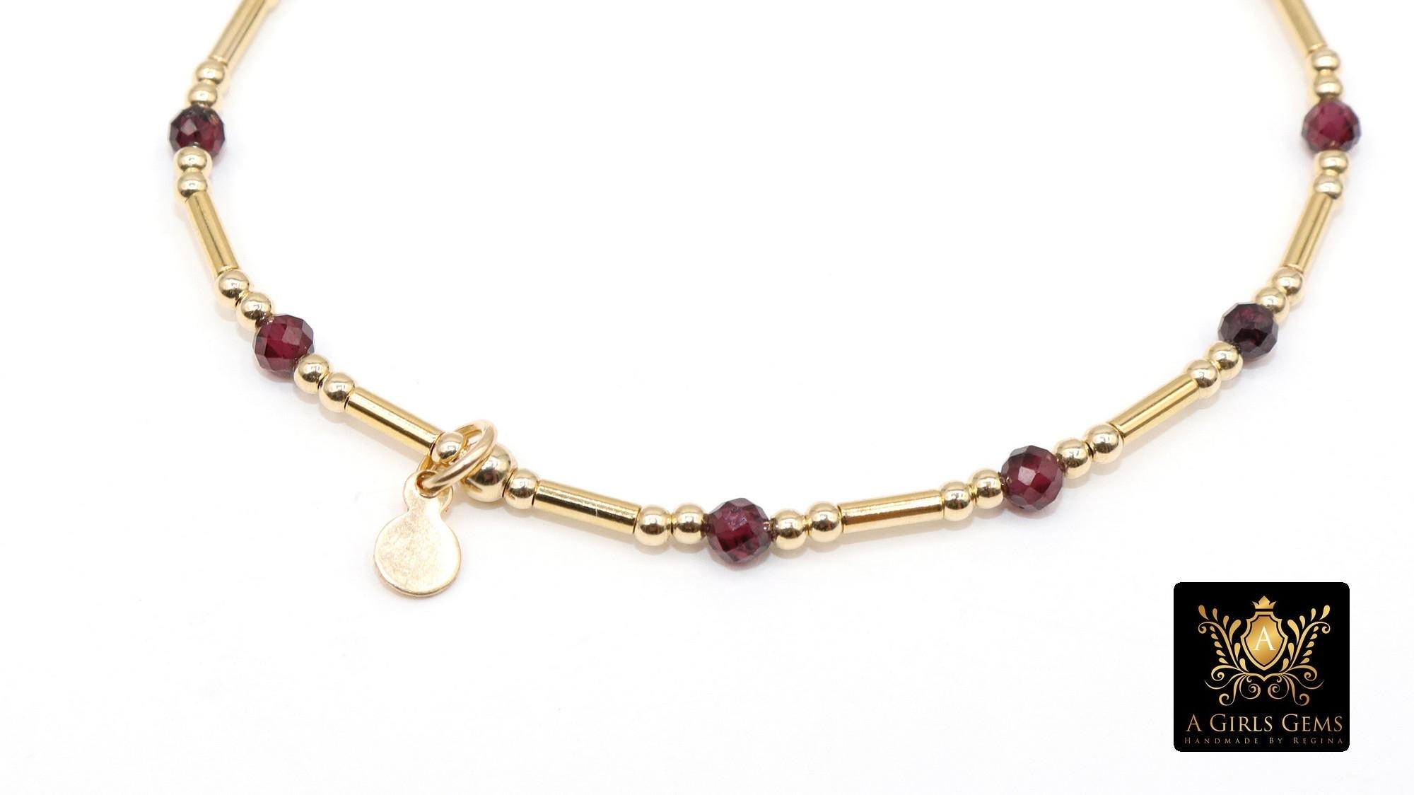 14 K Gold Filled Beaded Garnet Stretchy Bracelet, Dainty Tube Gemstone Stacking Bracelet, Handmade Red January Birthstone Gemstone Bracelet