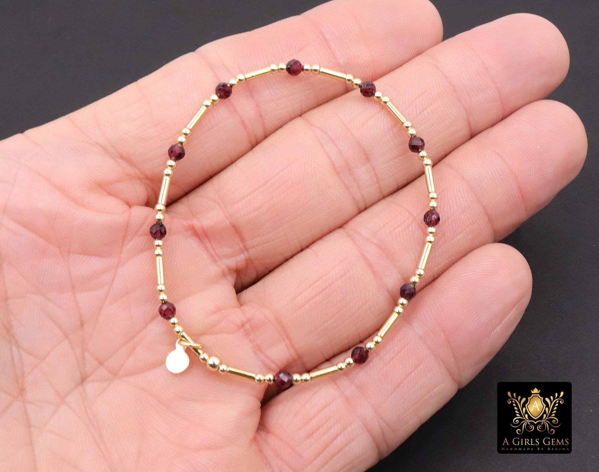 14 K Gold Filled Round Beaded Garnet Stretchy Bracelet, Dainty Tube Gemstone Stacking Bracelet, Handmade Red Semi Precious Gemstone Bracelet