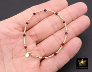 14 K Gold Filled Beaded Garnet Stretchy Bracelet, Dainty Tube Gemstone Stacking Bracelet, Handmade Red January Birthstone Gemstone Bracelet