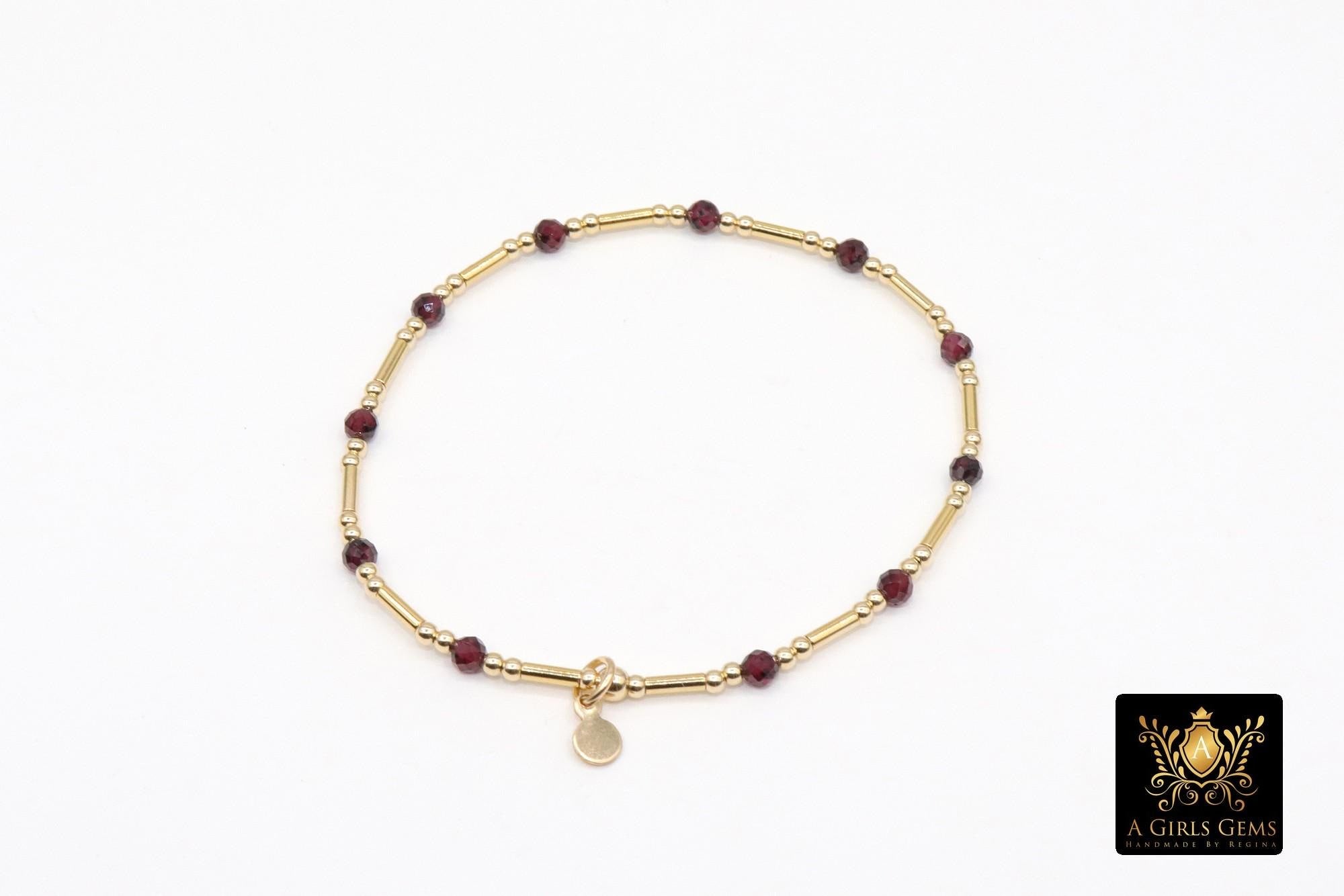 14 K Gold Filled Beaded Garnet Stretchy Bracelet, Dainty Tube Gemstone Stacking Bracelet, Handmade Red January Birthstone Gemstone Bracelet
