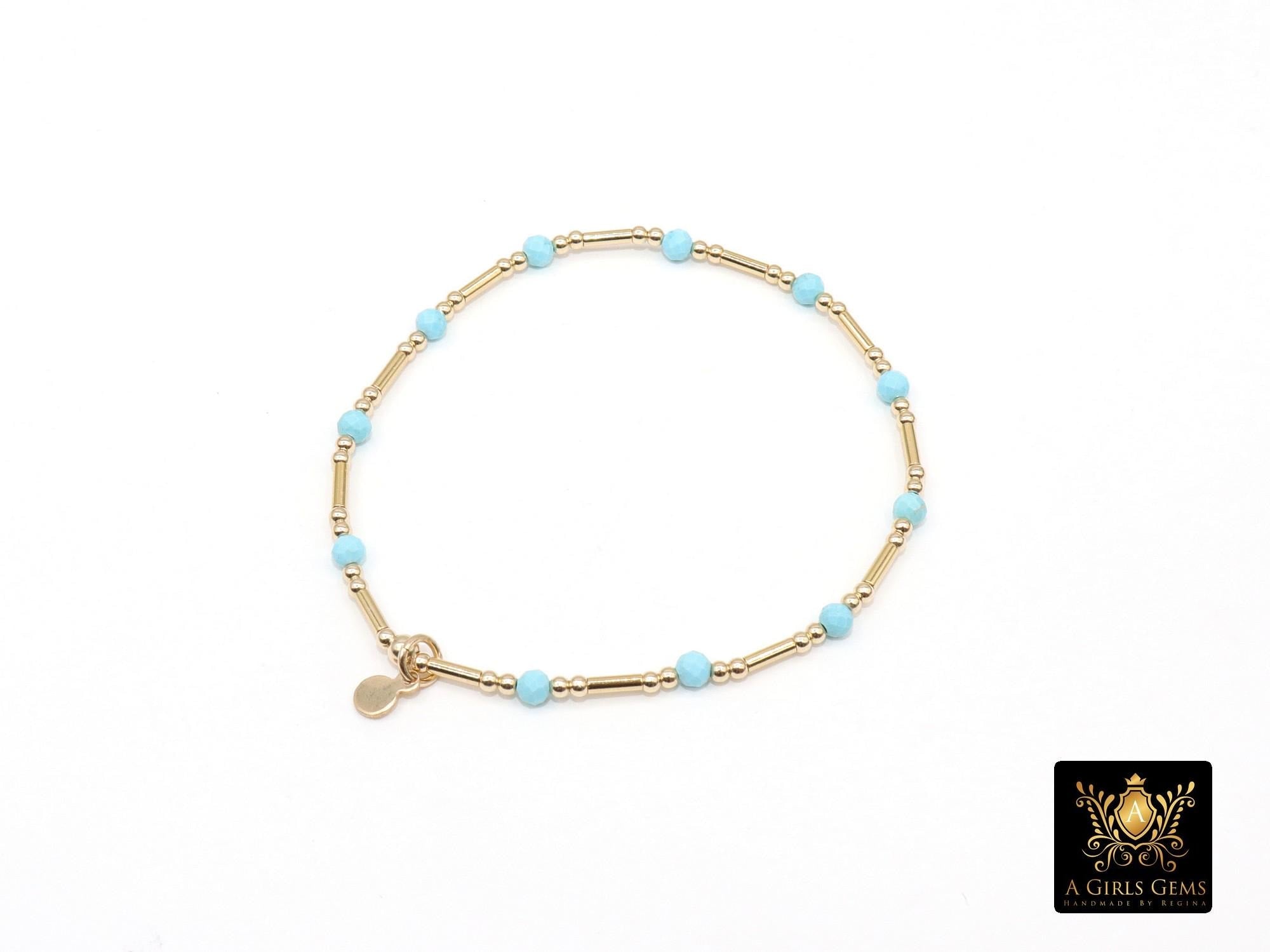 14 K Gold Filled Beaded Blue Turquoise Stretchy Bracelet, Dainty Tube Gemstone Stacking Bracelet, Handmade December Birthstone Bracelet