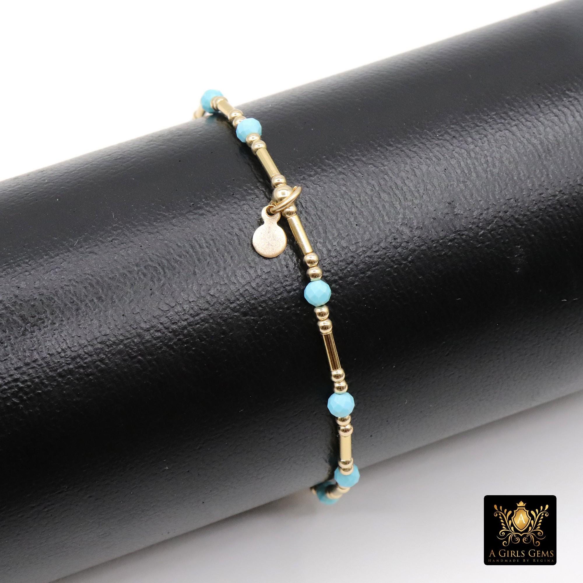 14 K Gold Filled Beaded Blue Turquoise Stretchy Bracelet, Dainty Tube Gemstone Stacking Bracelet, Handmade December Birthstone Bracelet