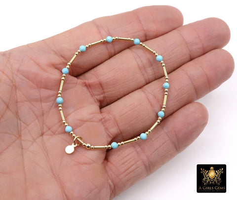 14 K Gold Filled Beaded Blue Turquoise Stretchy Bracelet, Dainty Tube Gemstone Stacking Bracelet, Handmade Blue Beaded Bracelet