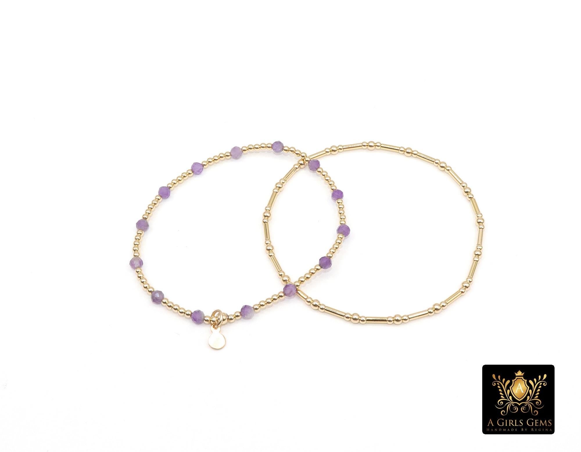 14 K Gold Filled Beaded Amethyst Stretchy Bracelet, Dainty Tube Purple Gemstone Stacking Bracelet, Handmade February Birthstone Bracelet