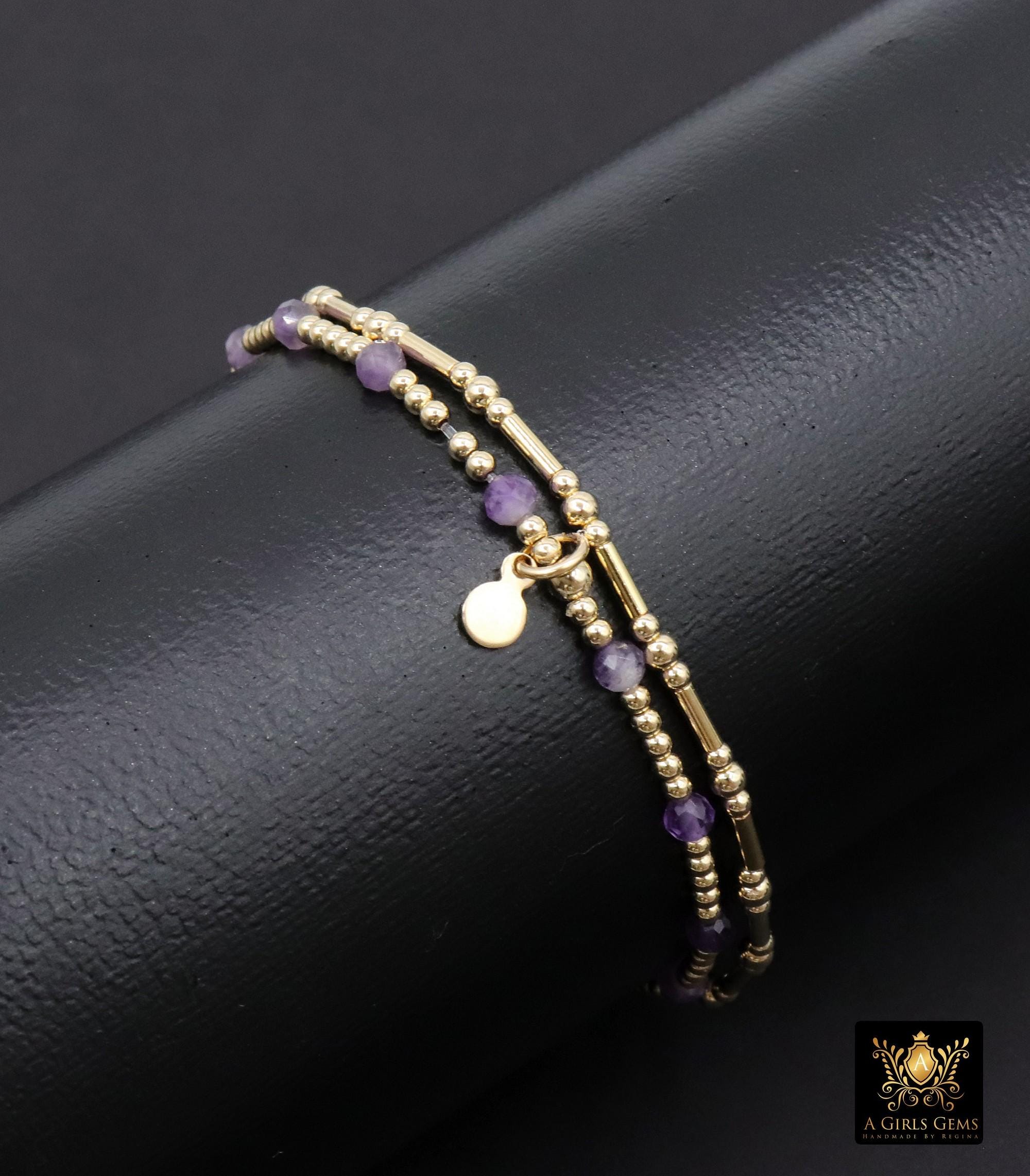 14 K Gold Filled Beaded Amethyst Stretchy Bracelet, Dainty Tube Purple Gemstone Stacking Bracelet, Handmade February Birthstone Bracelet