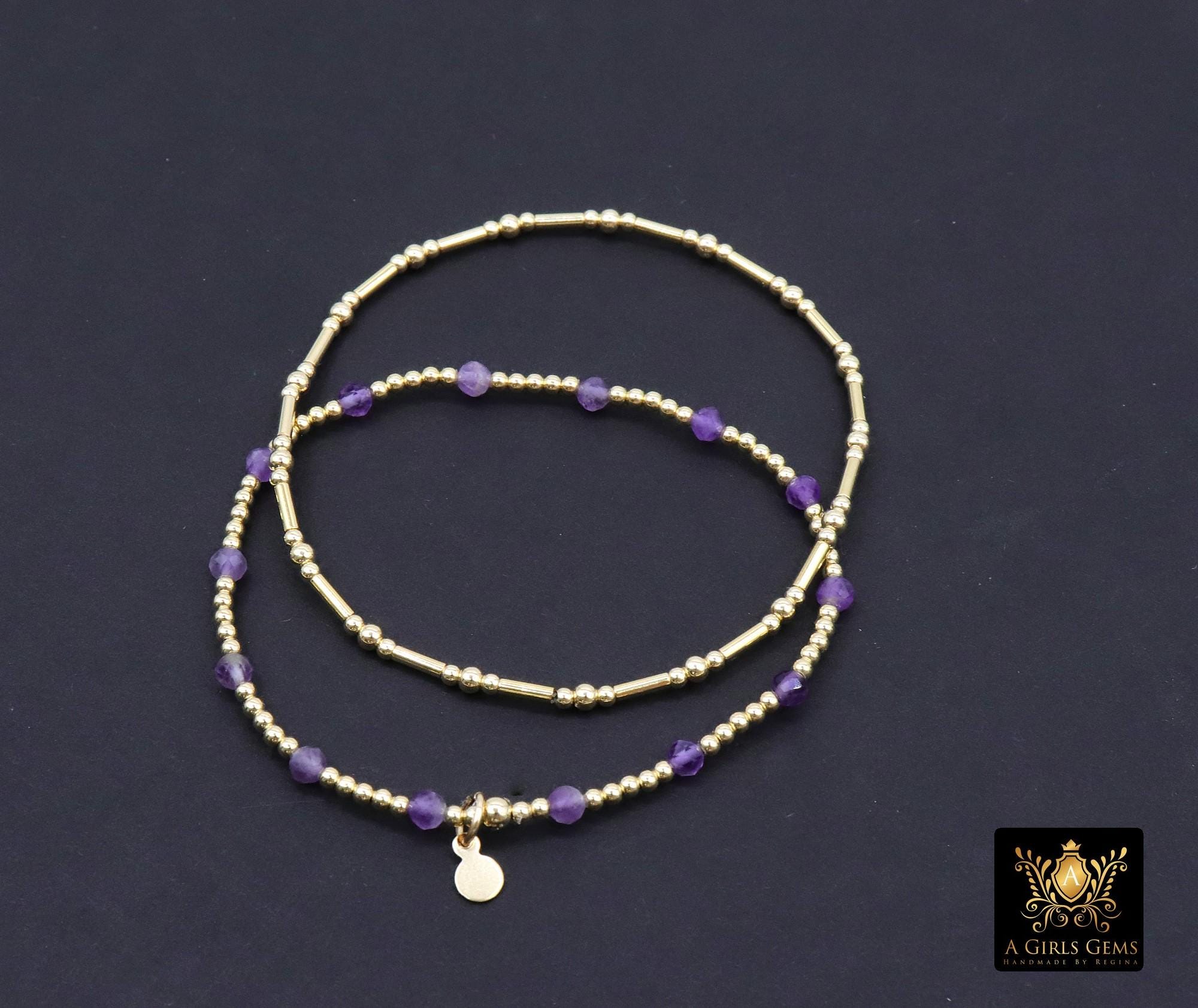 14 K Gold Filled Beaded Amethyst Stretchy Bracelet, Dainty Tube Purple Gemstone Stacking Bracelet, Handmade February Birthstone Bracelet