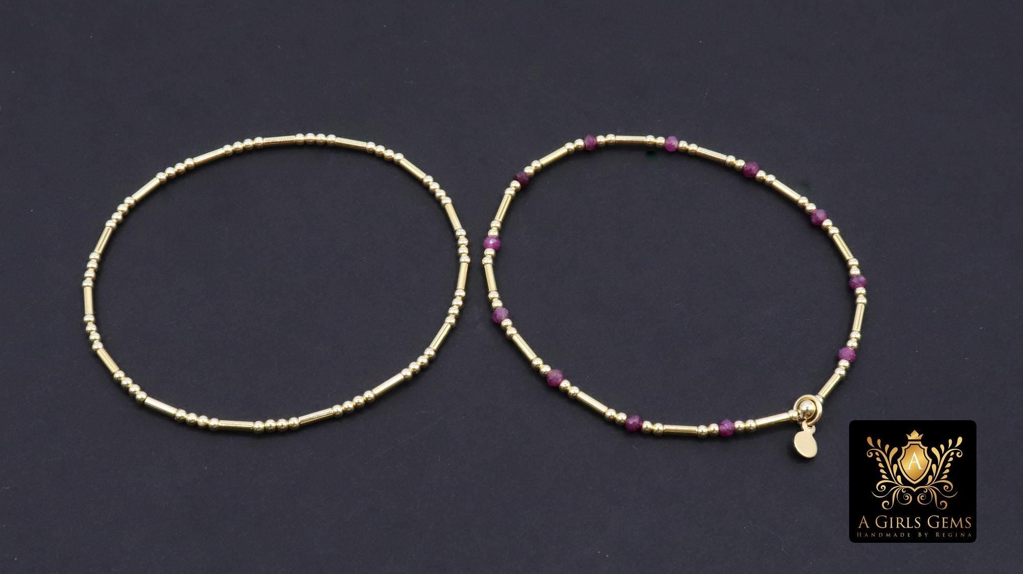 14 K Gold Filled Beaded Pink Tourmaline Stretchy Bracelet, Dainty Tube Gemstone Stacking Bracelet, Handmade, October Birthstone Bracelet
