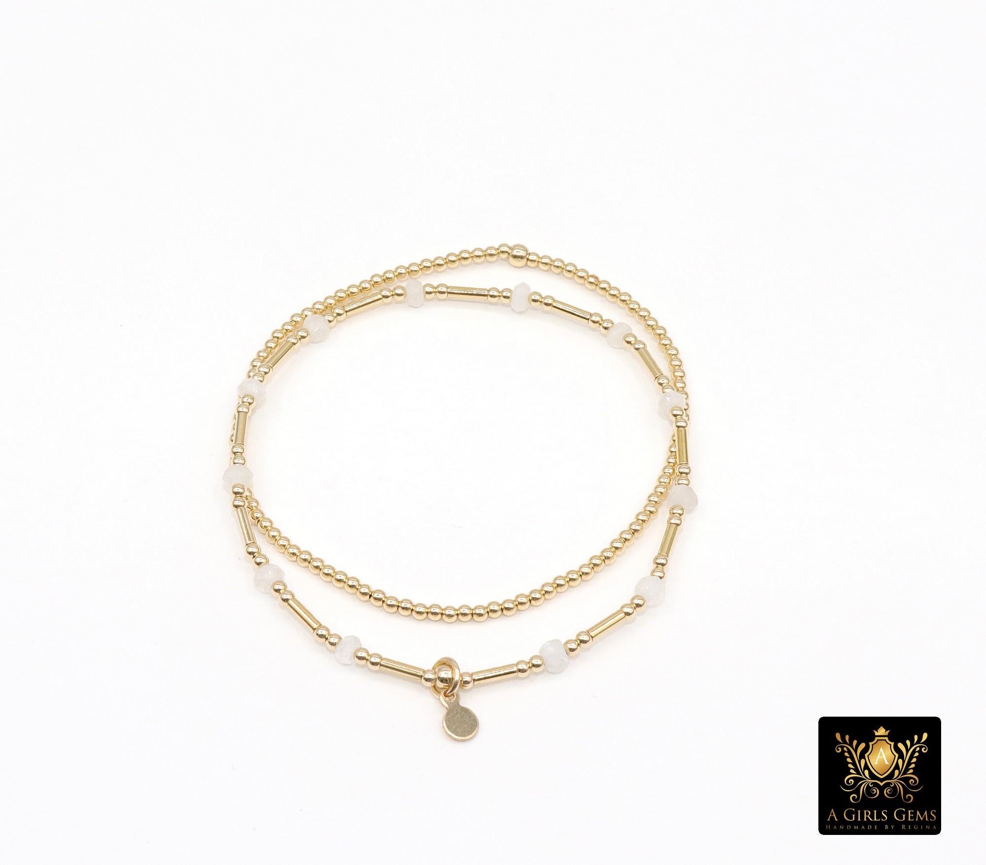 Beaded Opal Stretchy Bracelet, Dainty Gold Tube Gemstone Stacking Bracelet, Handmade October Birthstone Opalite White Bracelet, 14 K Gold Filled