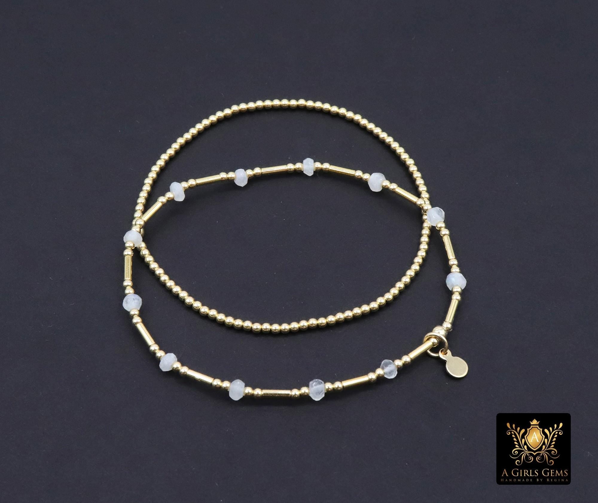 14 K Gold Filled Beaded Opal Stretchy Bracelet, Dainty Tube Gemstone Stacking Bracelet, Handmade October Birthstone Opalite White Bracelet