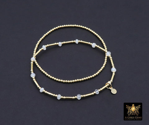 14 K Gold Filled Beaded Opal Stretchy Bracelet, Dainty Tube Gemstone Stacking Bracelet, Handmade October Birthstone Opalite White Bracelet