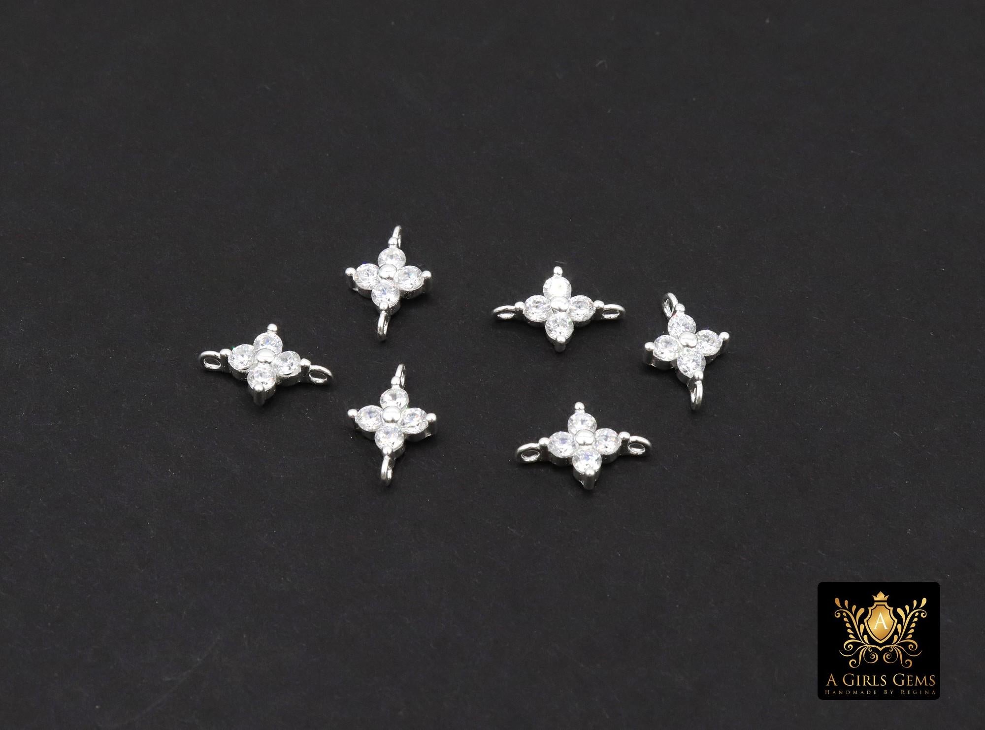925 Sterling Silver CZ Clover Connectors, 6 mm Cubic Zirconia Silver Quatrefoil Links # 3900, Minimulist Jewelry, 6 x 9 mm