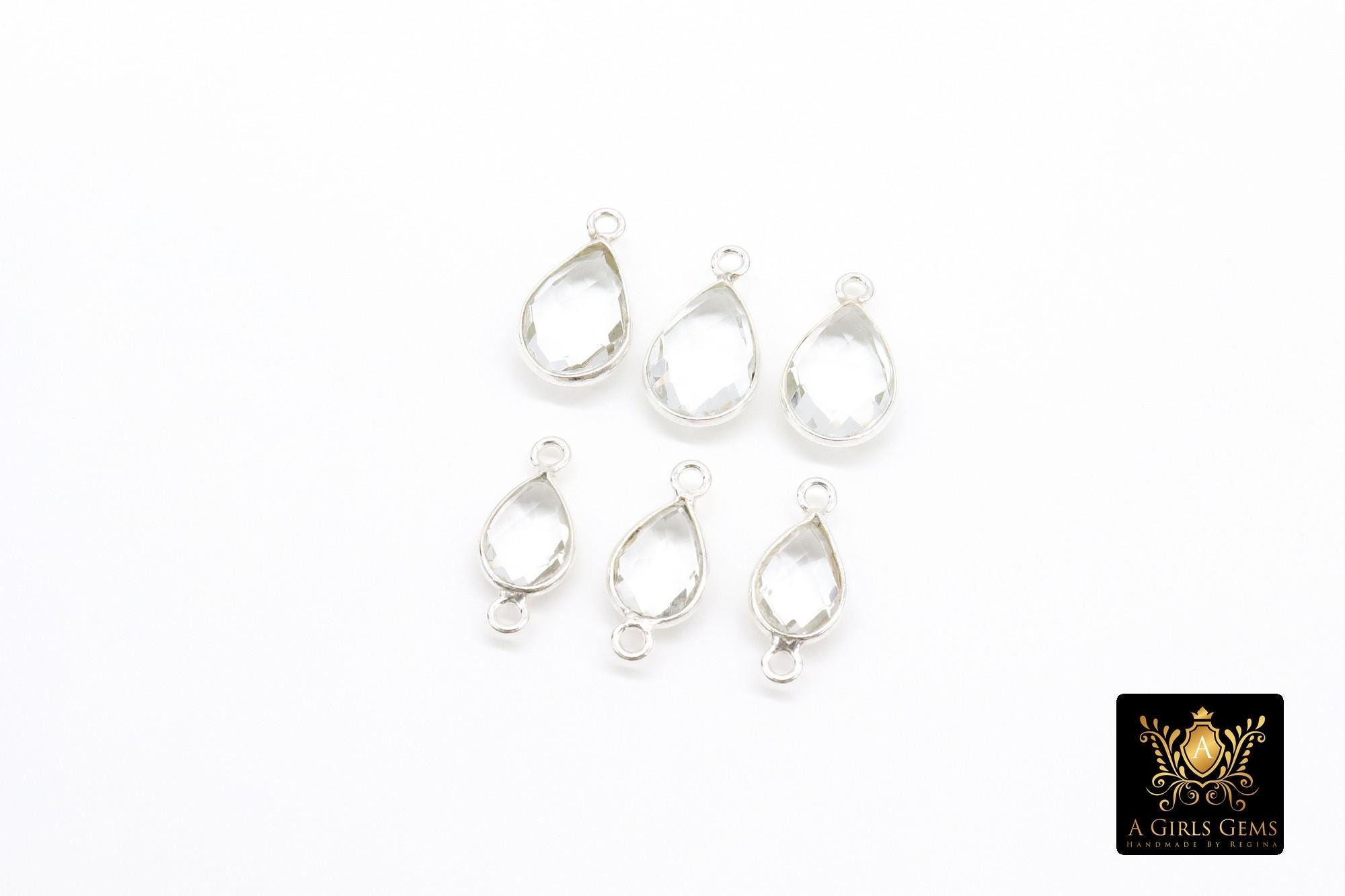 Silver Clear Teardrop Connectors, Gold Over 925 Sterling Silver Charms # 3225, Oval Clear Crystal Quartz Links