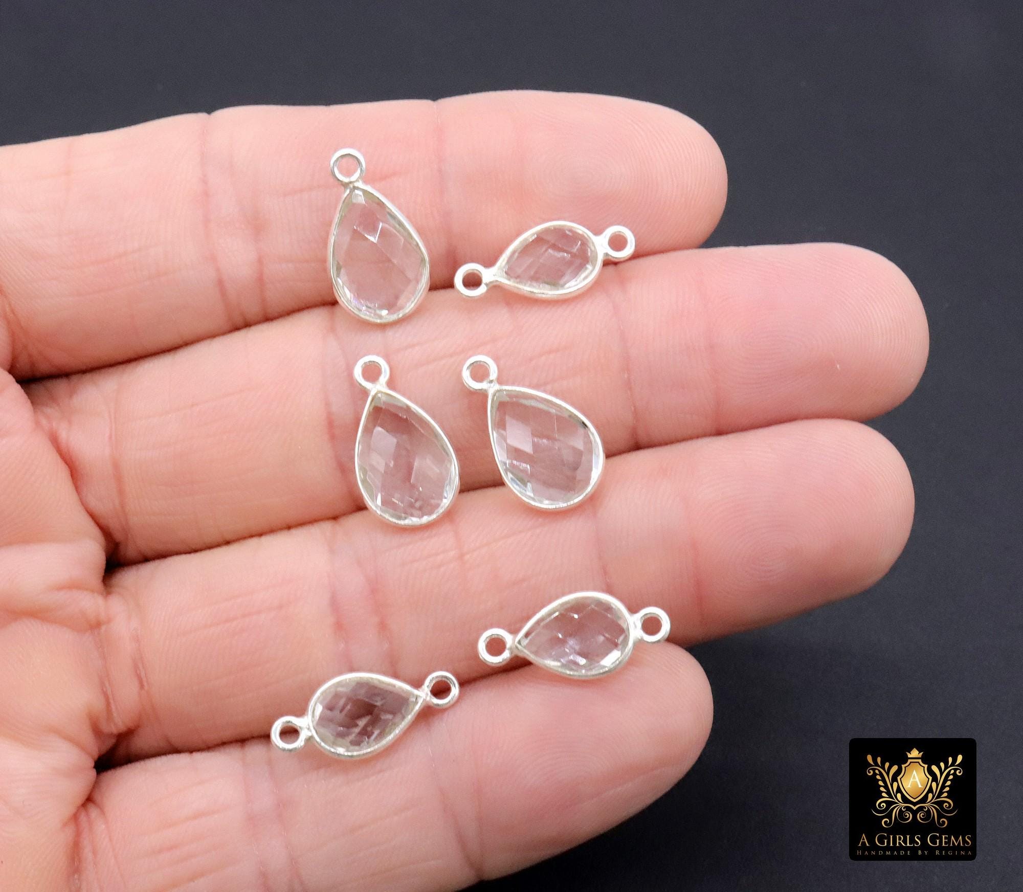 Silver Clear Teardrop Connectors, Gold Over 925 Sterling Silver Charms # 3225, Oval Clear Crystal Quartz Links, Bridesmaid Jewelry