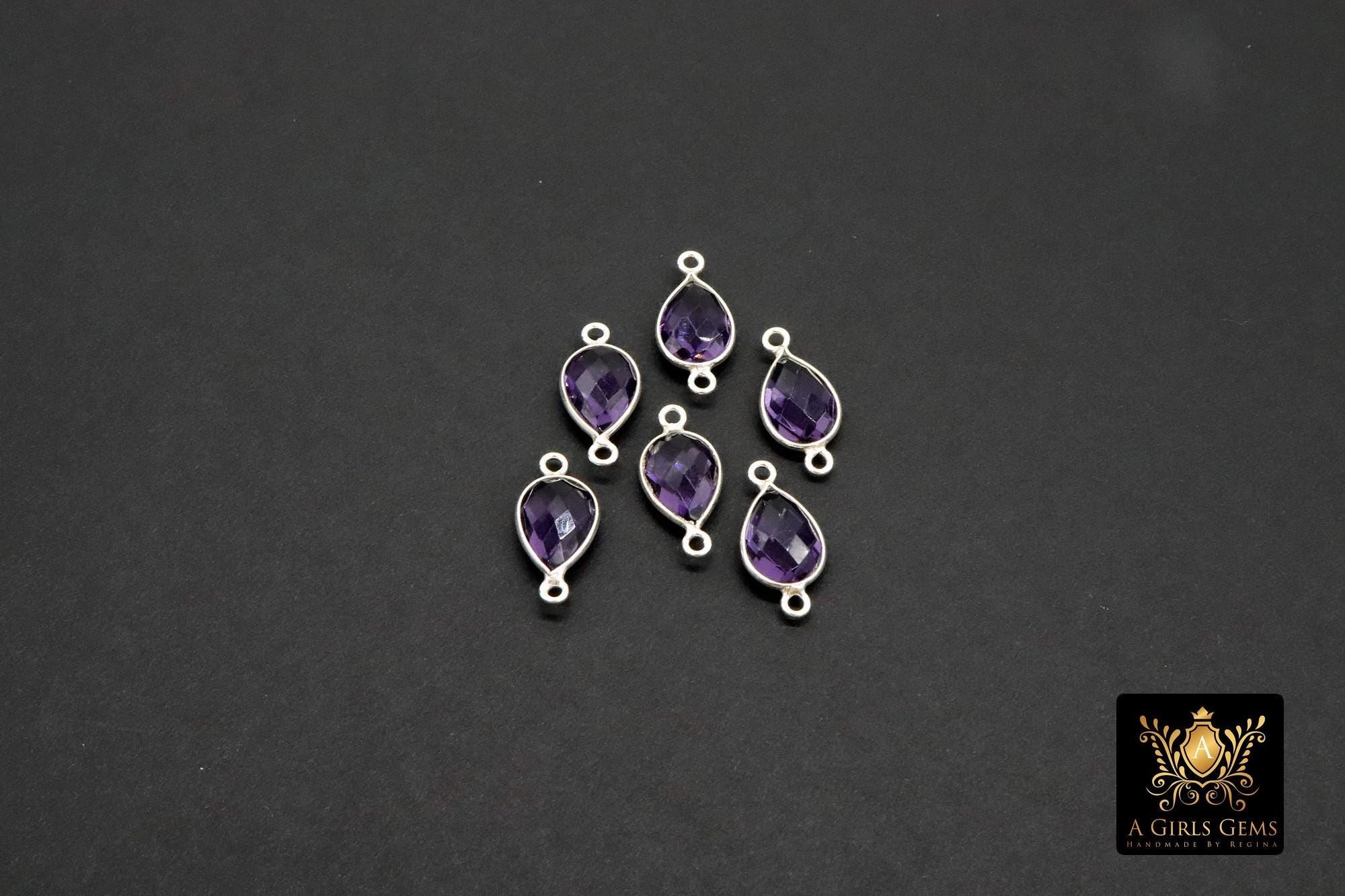 Silver Purple Teardrop Connectors, 925 Sterling Silver Links # 3225, Oval Amethst Links, 10 x 21 mm Bridesmaid Jewelry