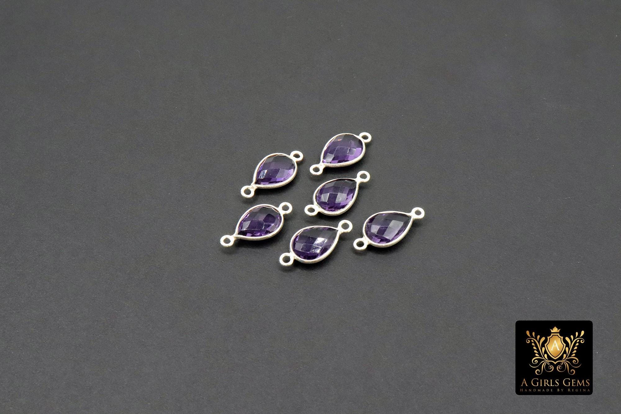 Silver Purple Teardrop Connectors, 925 Sterling Silver Links # 3225, Oval Amethst Links, 10 x 21 mm Bridesmaid Jewelry