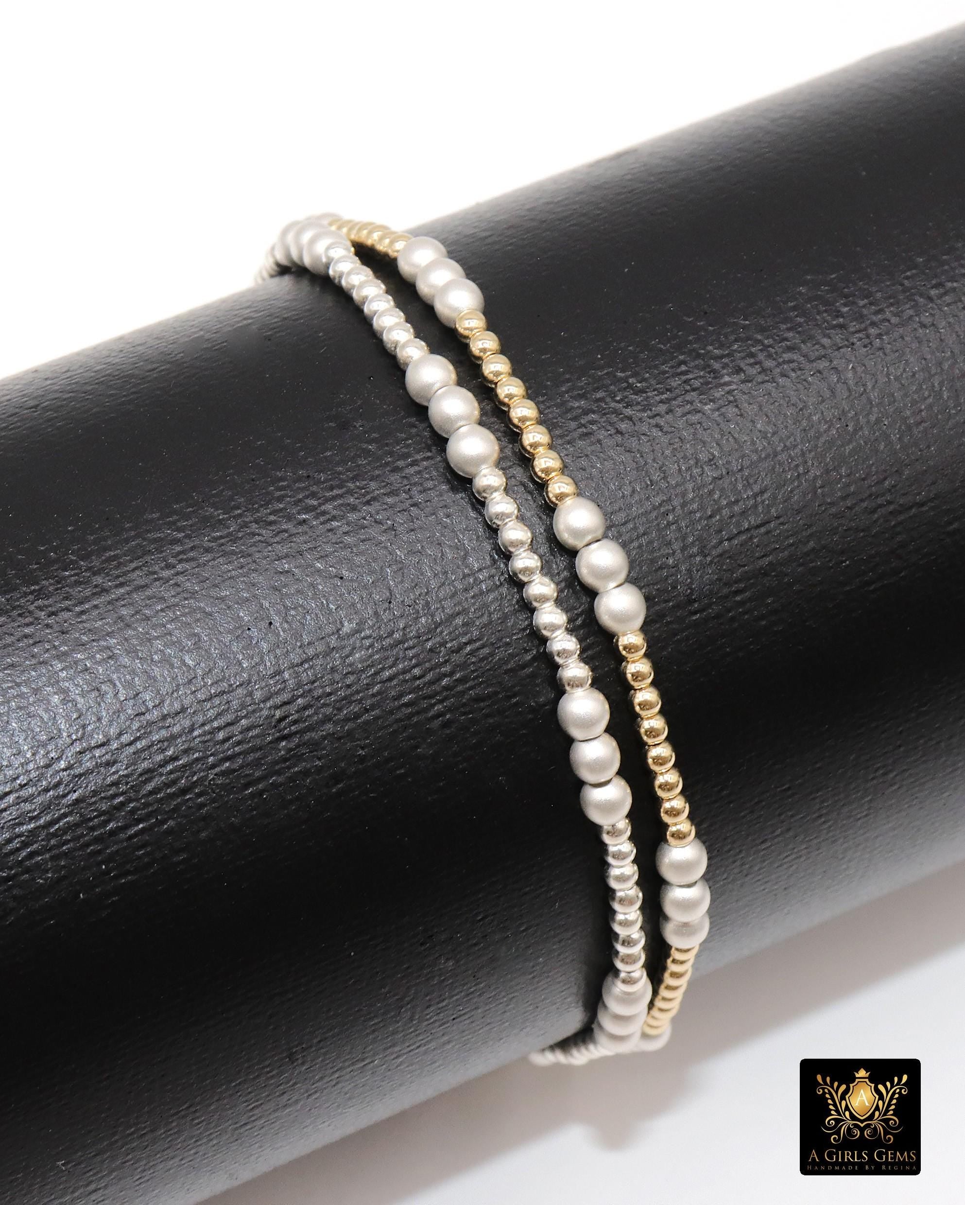 Mixed Metal Beaded Bracelet, 925 Sterling Silver and 14 K Gold Filled Sparkle Stardust Stretchy Women's Bangle, Stacking Bracelets, Handmade