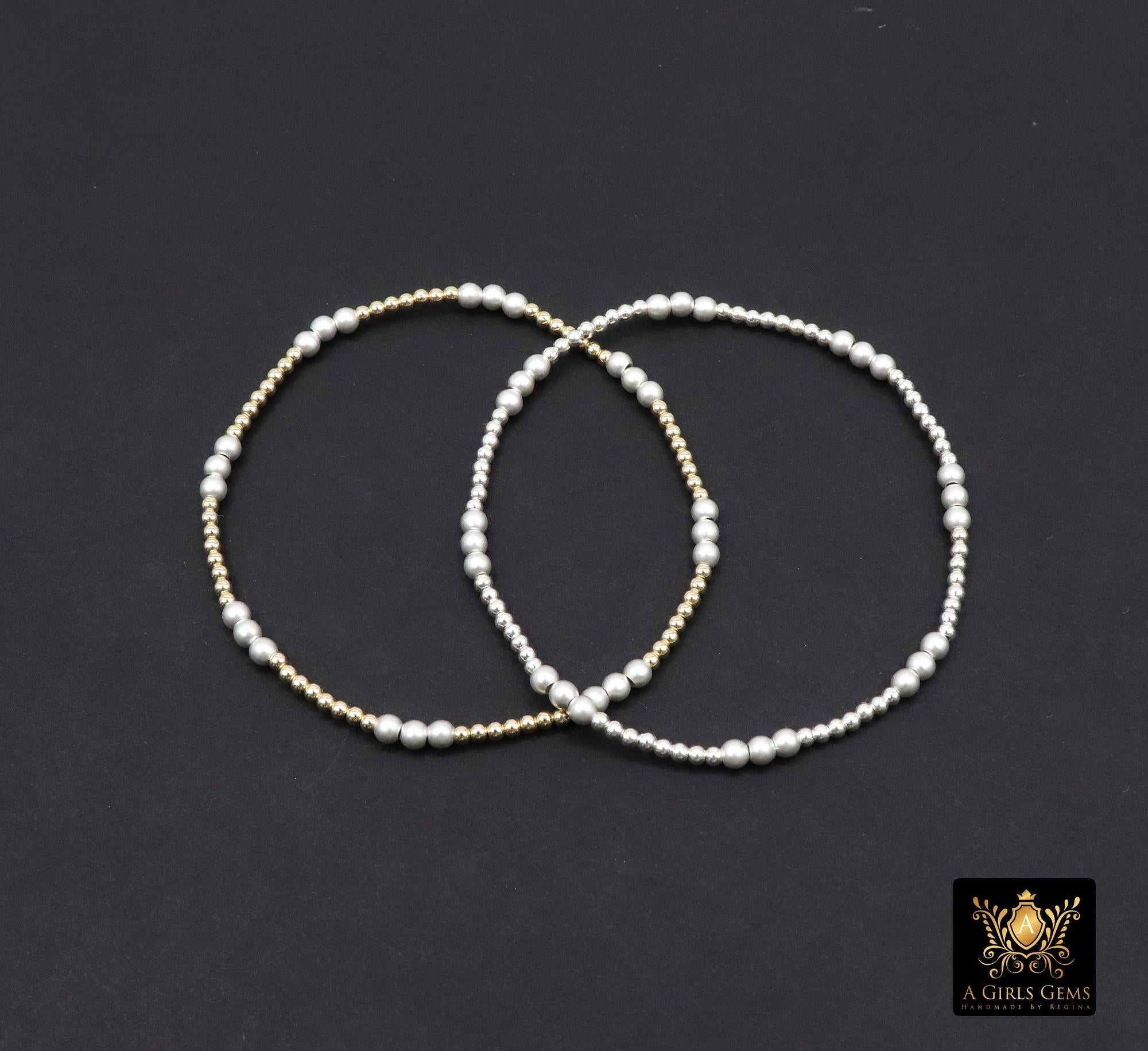 Mixed Metal Beaded Bracelet, 925 Sterling Silver and 14 K Gold Filled Sparkle Stardust Stretchy Women's Bangle, Stacking Bracelets, Handmade