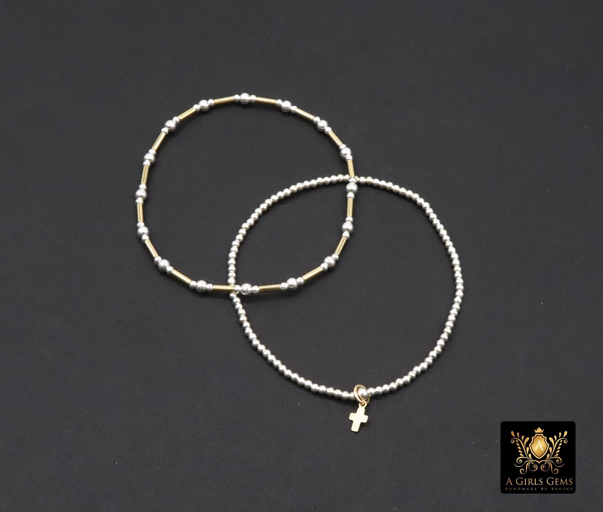 Mixed Metal Beaded Bar Bracelet, 925 Sterling Silver and 14 K Gold Filled Stretchy Cross Charms Stacking Bracelets, Handmade Bracelet