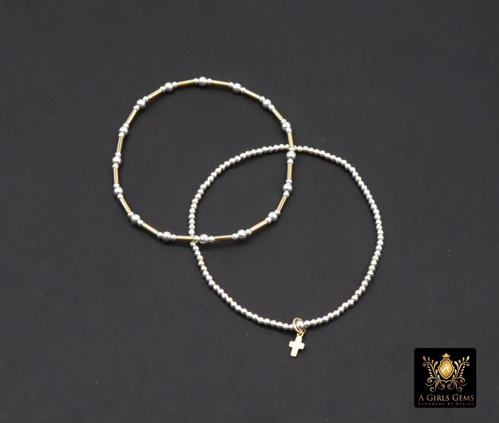 Mixed Metal Beaded Bar Bracelet, 925 Sterling Silver and 14 K Gold Filled Stretchy Cross Charms Stacking Bracelets, Handmade Bracelet