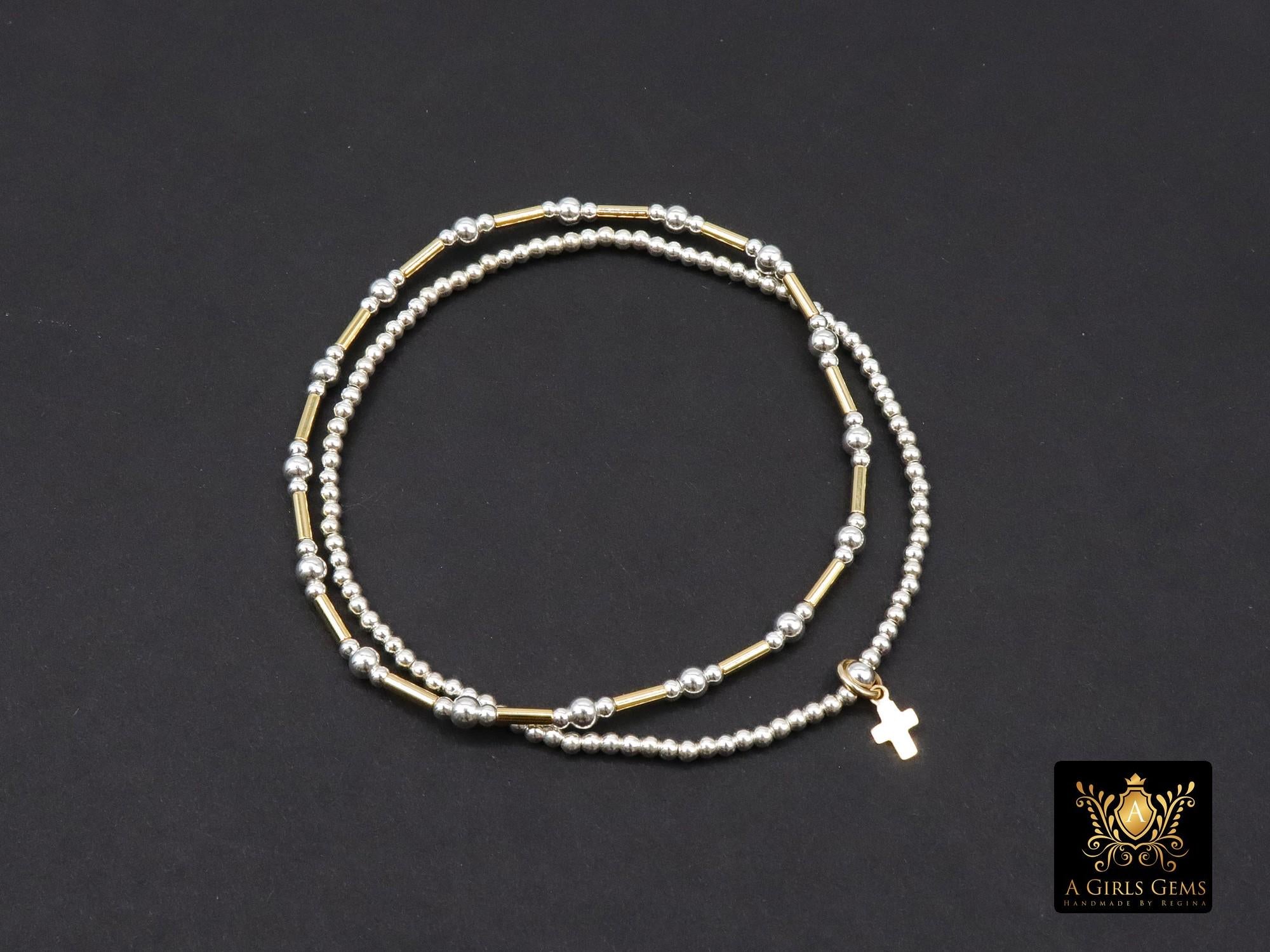 Mixed Metal Beaded Bar Bracelet, 925 Sterling Silver and  14 K Gold Filled Stretchy Cross Charms Stacking Bracelets, Handmade Bracelet