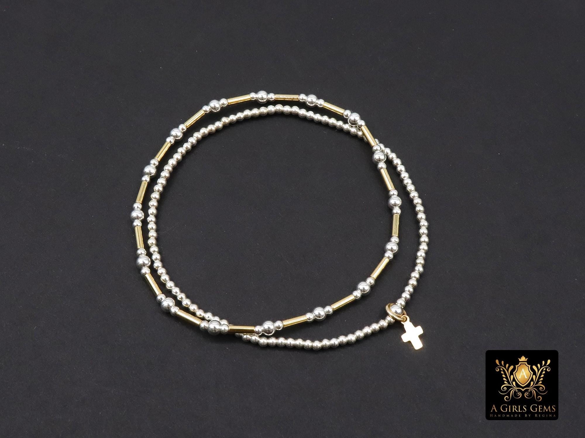 Mixed Metal Beaded Bar Bracelet, 925 Sterling Silver and  14 K Gold Filled Stretchy Cross Charms Stacking Bracelets, Handmade Bracelet
