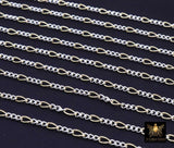 14 K Gold Filled Mixed Metal Figaro Chain, 6.2 mm 925 Sterling Silver Two Tone Paperclip By The Foot CH# 890, 2.8 Long Short Rolo Links# 845