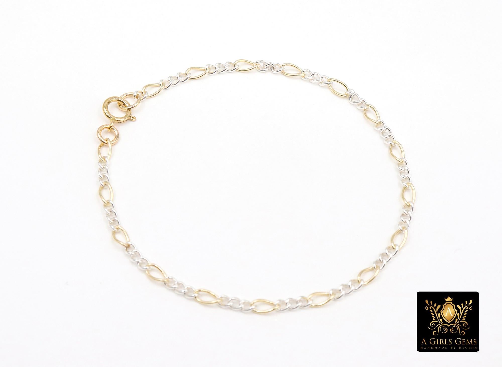 Mixed Metal 14 K Gold Filled Figaro Chain Link Necklace, 925 Sterling Silver Rolo Long Short Gold Dainty Chain Bracelet, Waterproof