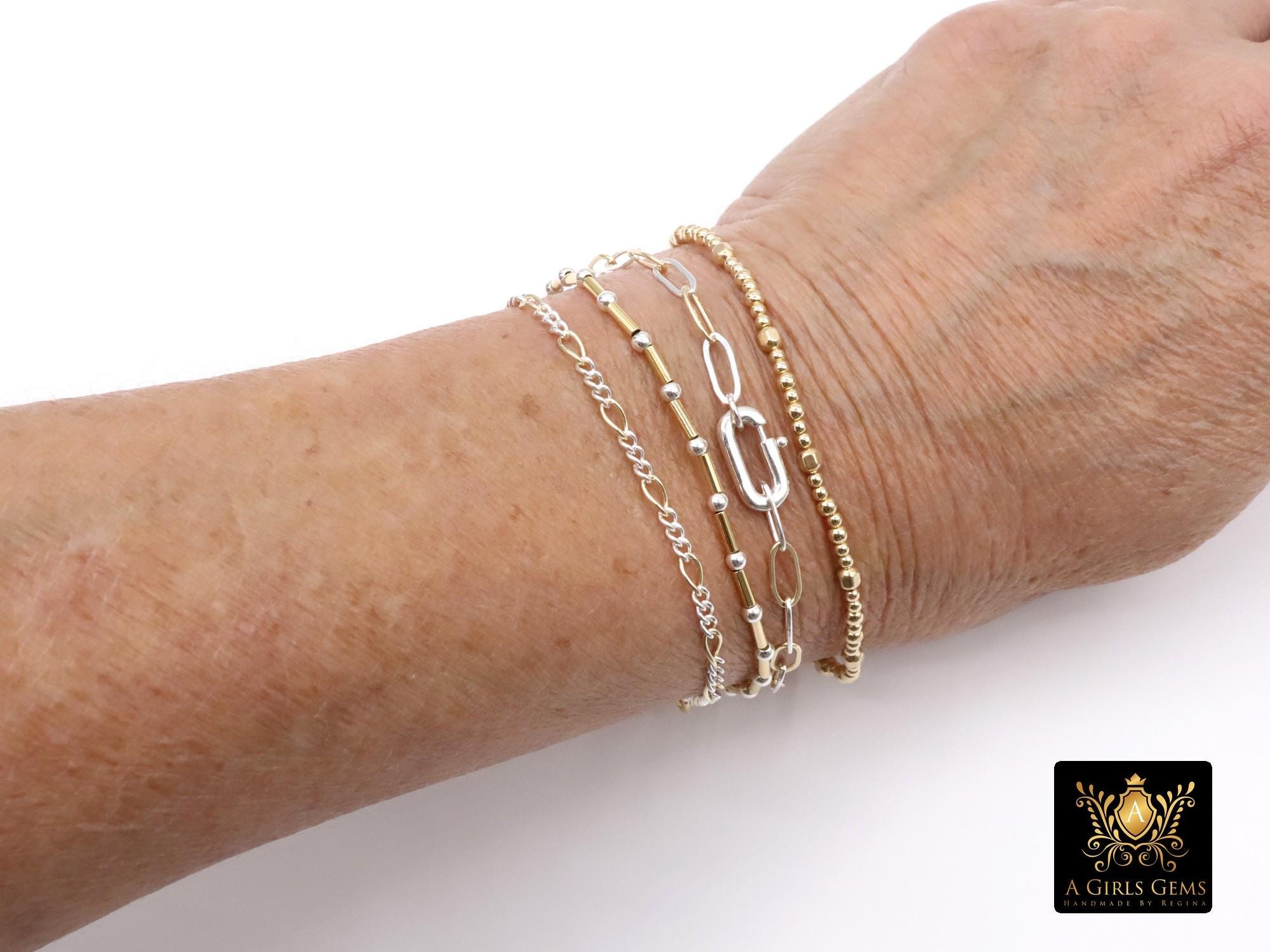 14 K Gold Filled Paperclip Chain Link Bracelet, 925 Sterling Silver Mixed Metal Oval Gold Link Bracelet With Large Lobster, Waterproof