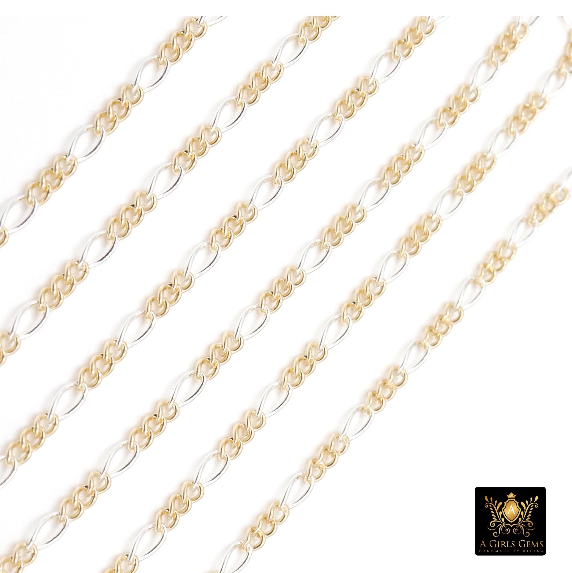 14 K Gold Filled Mixed Metal Figaro Chain, 6.2 mm 925 Sterling Silver Two Tone 3/1, By The Foot CH# 896