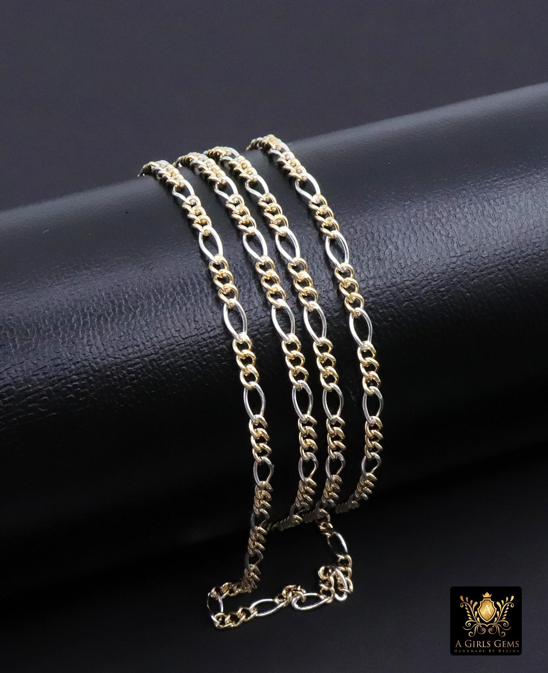 14 K Gold Filled Mixed Metal Figaro Chain, 6.2 mm 925 Sterling Silver Two Tone 3/1, By The Foot CH# 896