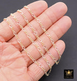 14 K Gold Filled Mixed Metal Figaro Chain, 6.2 mm 925 Sterling Silver Two Tone 3/1, By The Foot CH# 896