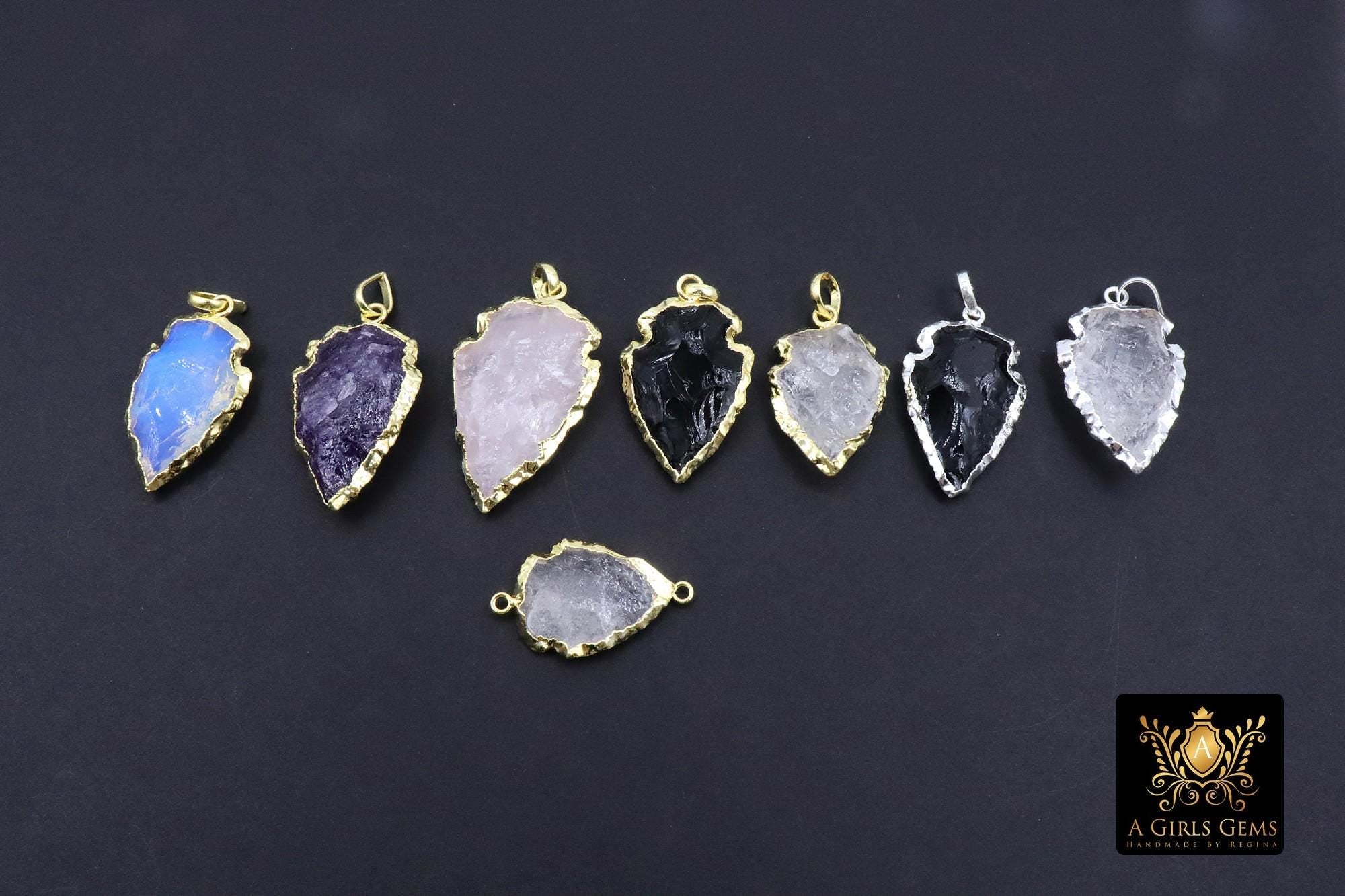 Black Obsidian Arrowhead Charm, Small Gold or Silver Edge Opalite AG 658, Raw Crystal Quartz Arrow Tribal Pendants