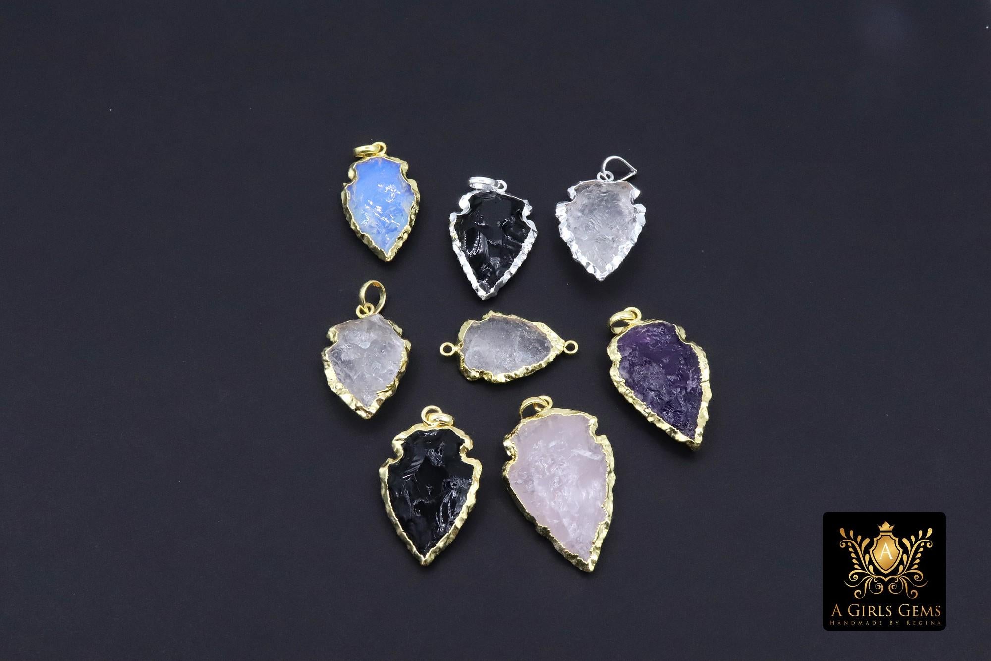 Black Obsidian Arrowhead Charm, Small Gold or Silver Edge Opalite AG 658, Raw Crystal Quartz Arrow Tribal Pendants